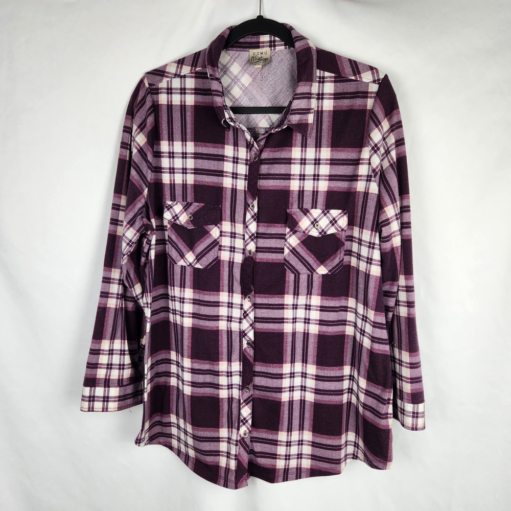 Como Vintage‎ Purple White Plaid Button-Up Shirt Roll-Tab Sleeves 2X Western